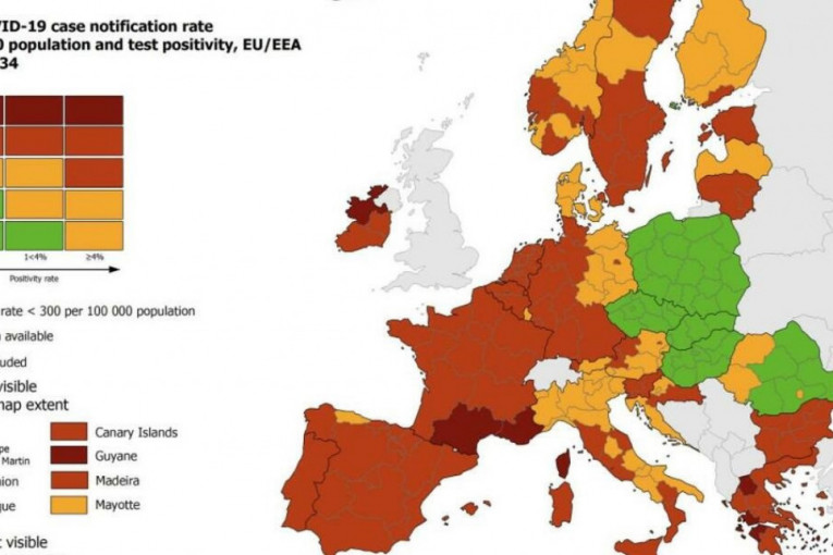 Veliki deo Evrope u crvenoj zoni: Evropski centar za sprečavanje i kontrolu bolesti izbacio novu korona mapu (FOTO)