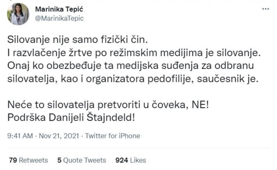 Krokodilske suze Marinike Tepić: "Brani" Danijelu Štajnfeld da bi se politički obračunala sa Lečićem