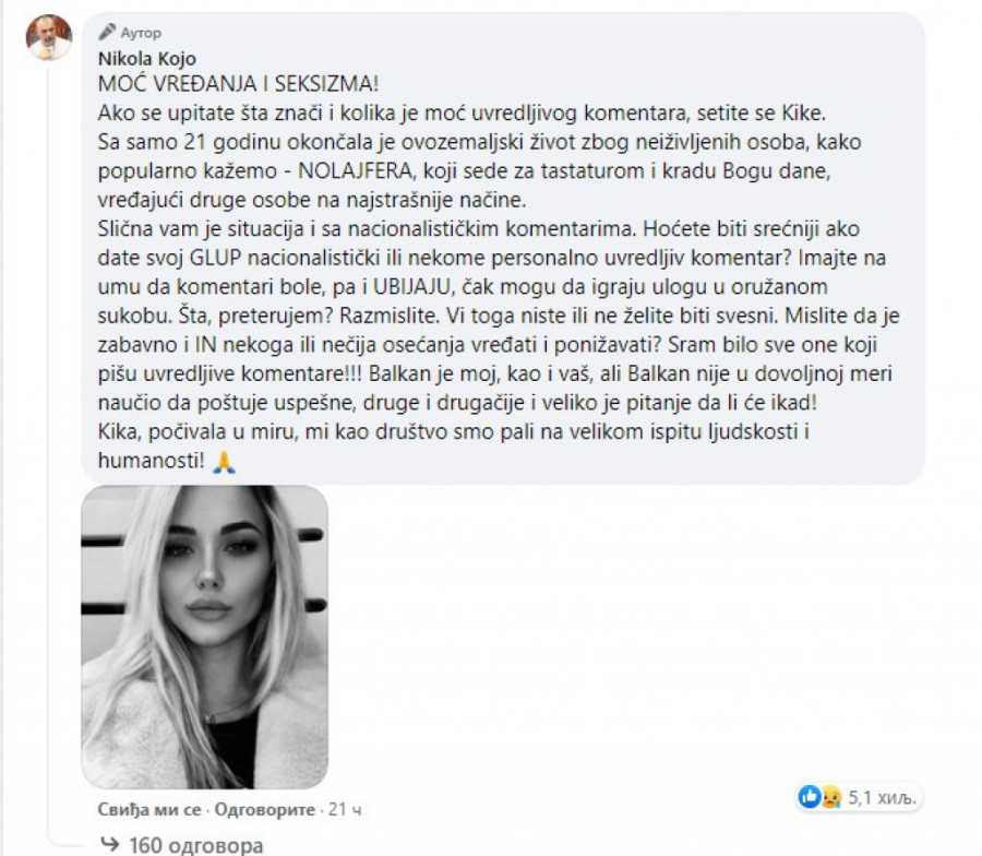 Reakcija Nikole Koja na smrt jutjuberke će nas sve postideti: Pali smo na ispitu ljudskosti! (FOTO)