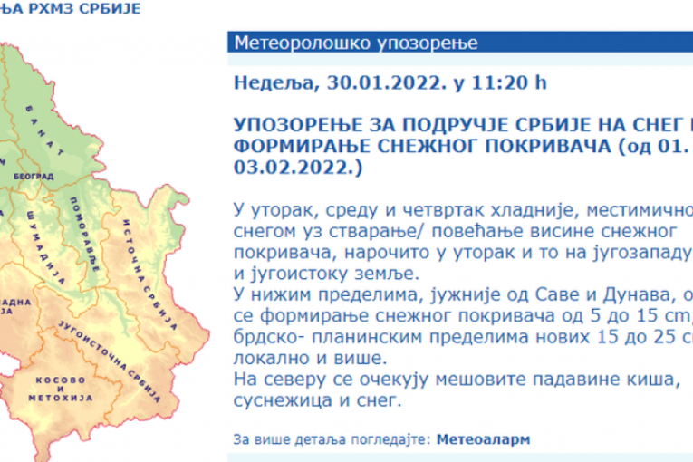 RHMZ izdao upozorenje - pali se narandžasti meteoalarm: Pašće preko 15 centimetara snega, spremite se za hladnoću (FOTO)