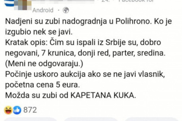 Smehotresan oglas na Fejsbuku: "Nađeni zubi u apartmanu u Grčkoj, moji nisu a sigurno je neko iz Srbije" (FOTO)