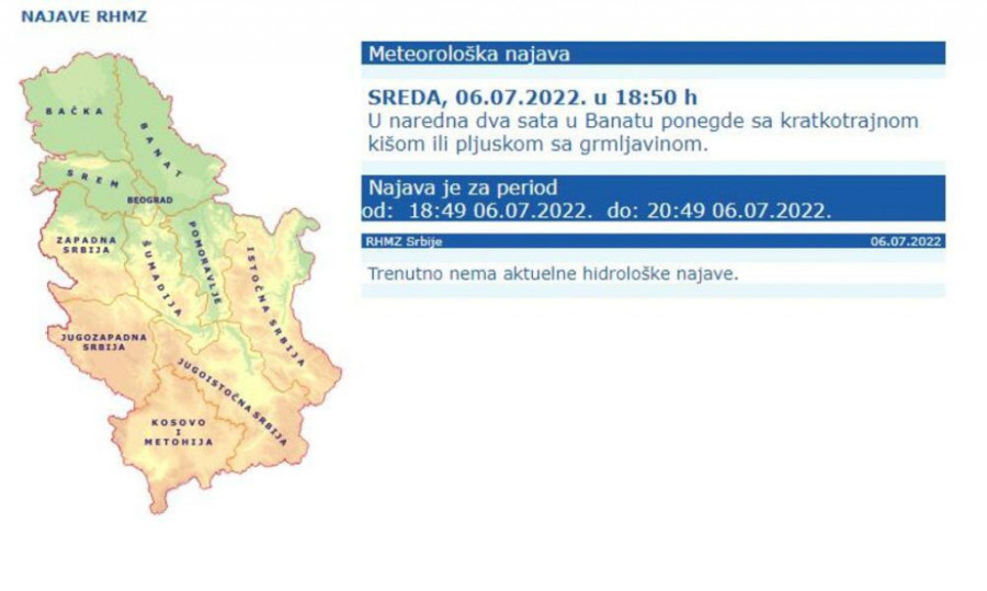 RHMZ upozorava: U jednom delu Srbije sledi nevreme
