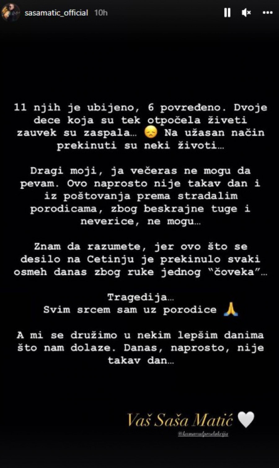Objava Saše Matića na Instagramu