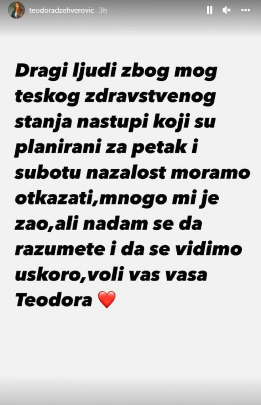 Teodora Džehverović u teškom zdravstvenom stanju! Otkazala nastupe (FOTO)