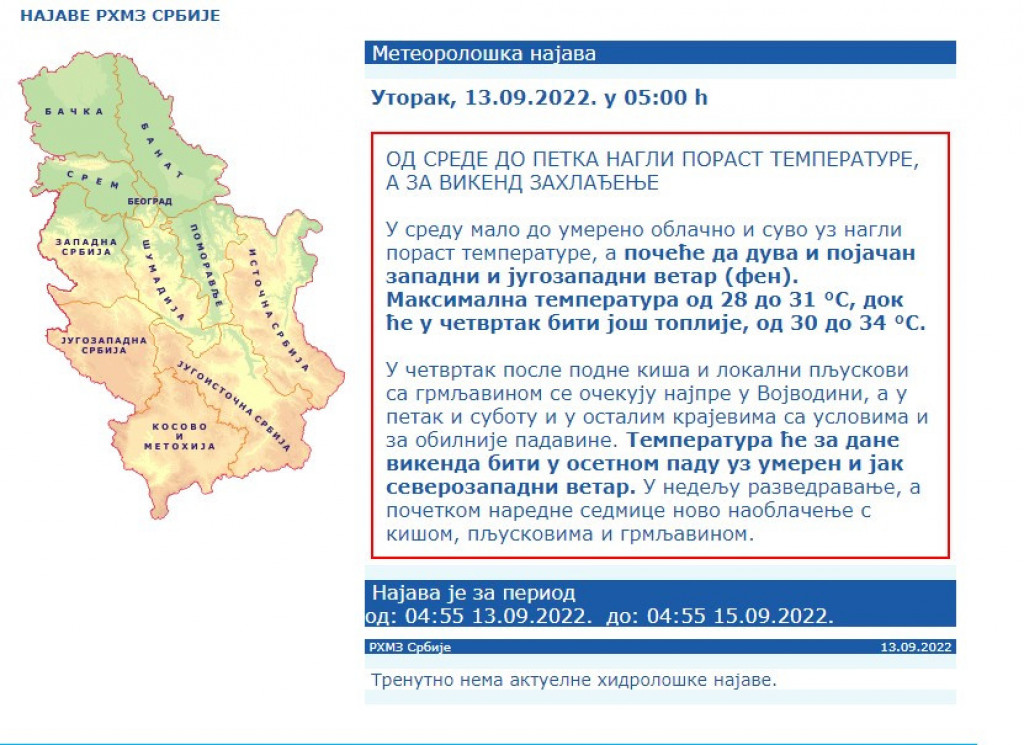 Najpre "fen", a onda... RHMZ izdao upozorenje za naredna 72 sata!