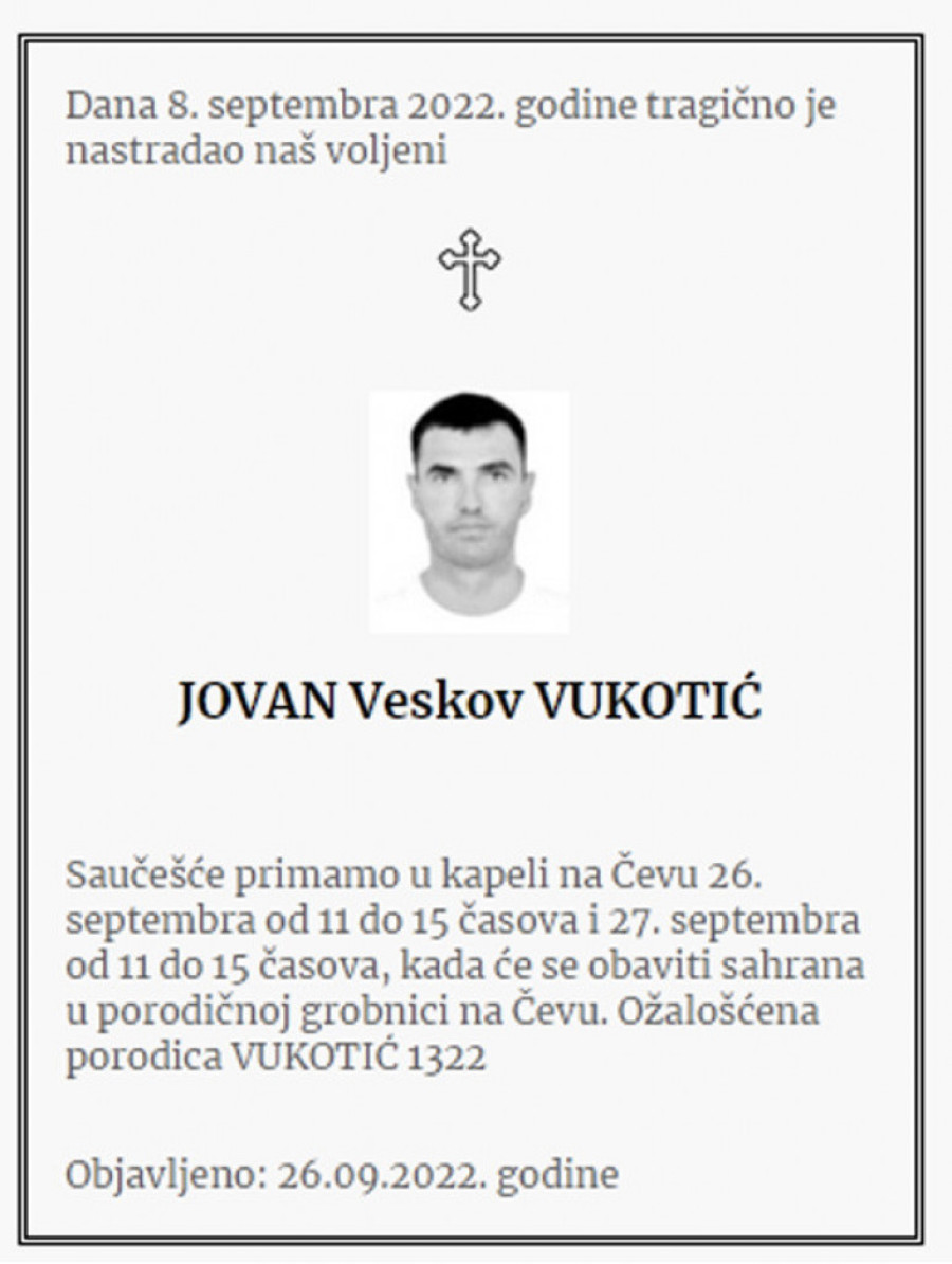 Vukotići objavili čitulju: Dva dana će u kapeli kraj Cetinja primati saučešće za ubijenog vođu "škaljaraca"