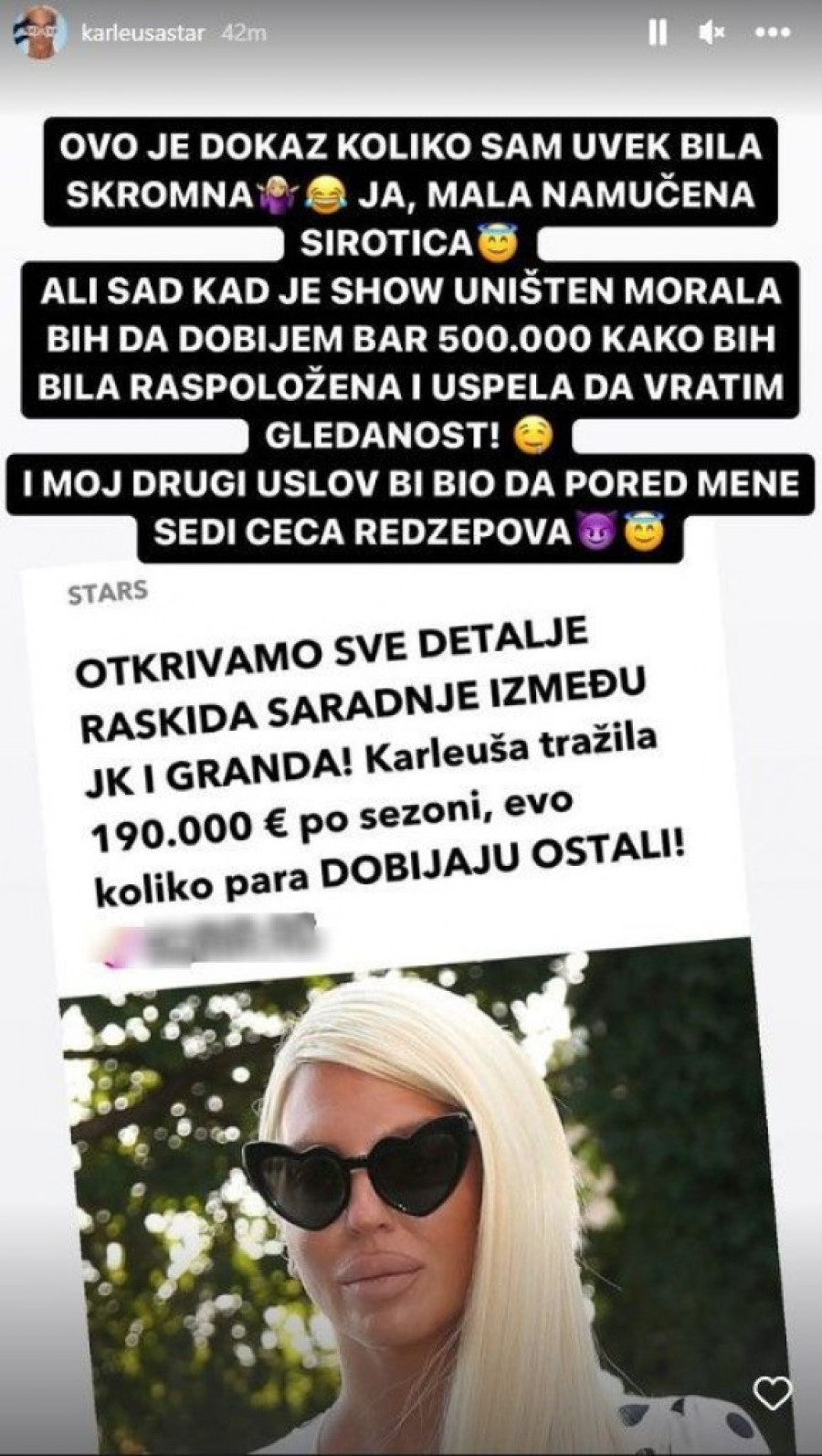 Karleuša otkrila zašto je napustila "Zvezde Granda" kao i uslove za povratak: Morali bi da mi daju 500.000 evra i da sedim pored Cece!