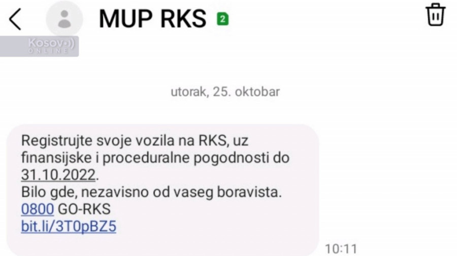 Kosovska policija od jutros Srbima šalje SMS poruke sa pozivom za preregistraciju na RKS tablice