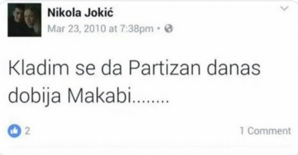 "Grobari" se rado sećaju ove Jokićeve objave: Kladim se da Partizan danas dobija Makabi (FOTO)