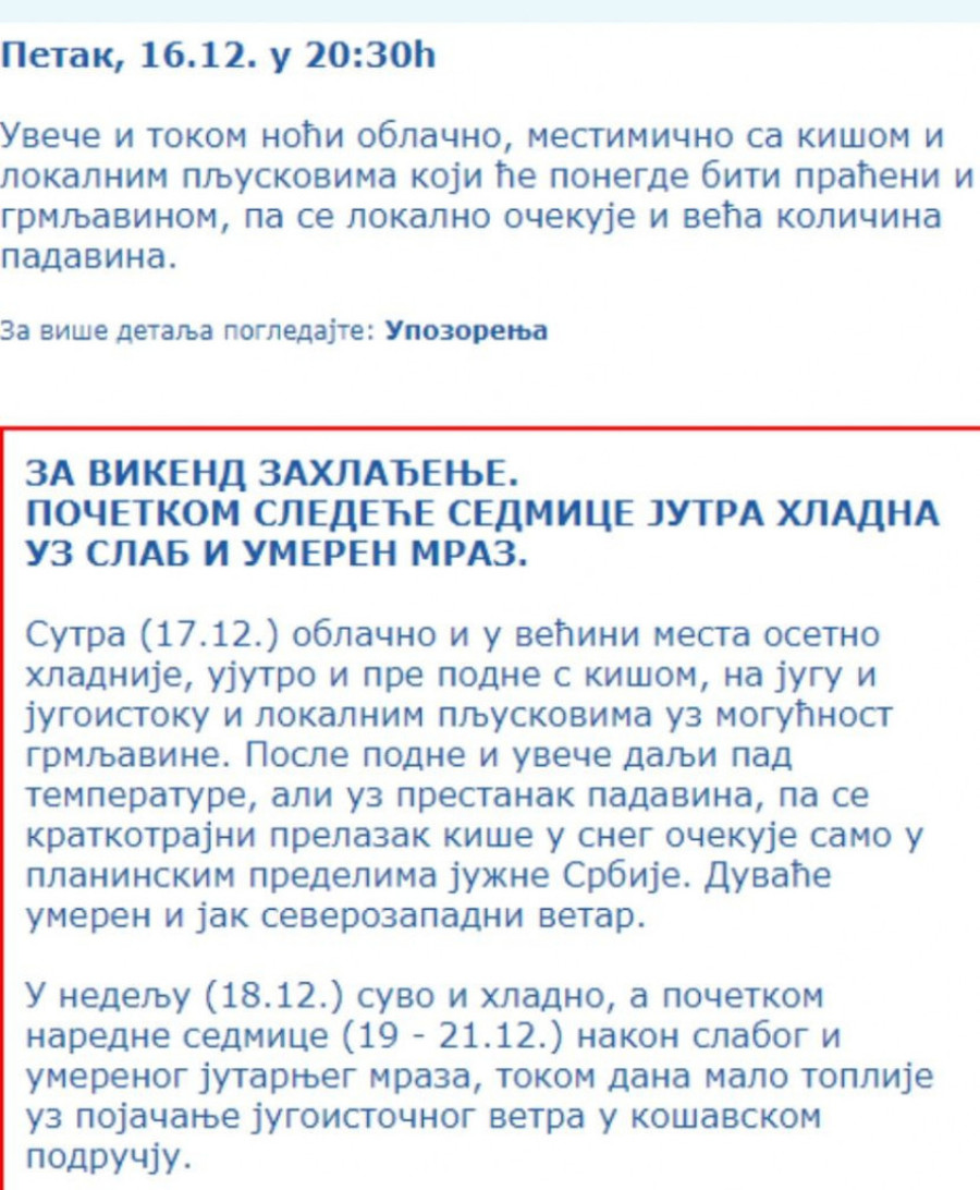 RHMZ upozorava: Velika količina padavina i grmljavina očekuju se večeras u Srbiji