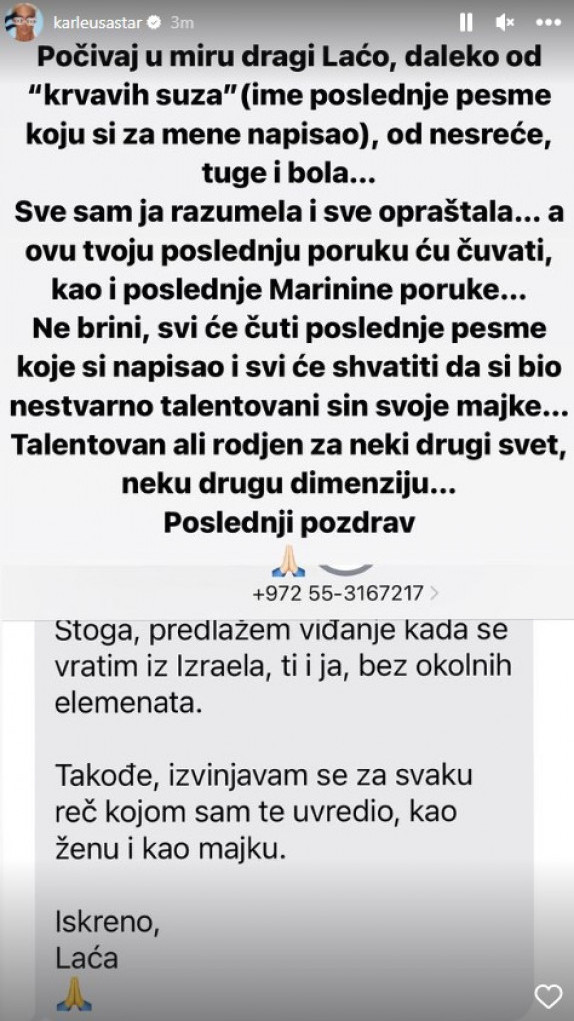 Oglasila se Karleuša o Laći, objavila njegovu poruku pomirenja iz Izraela! Ove reči slomiće svakoga: Počivaj u miru daleko od krvavih suza