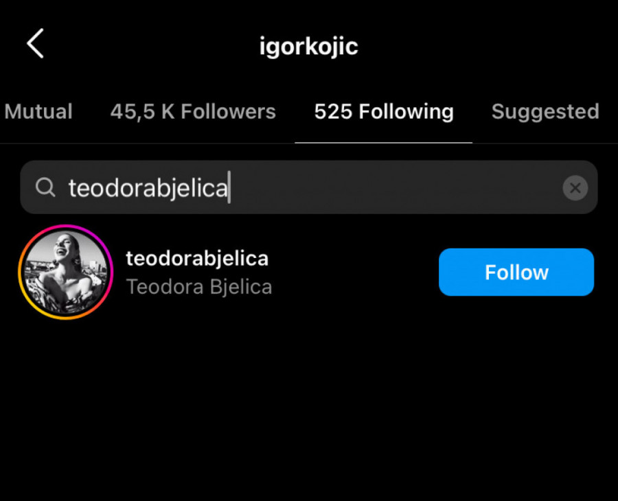 Igor prati Teodoru na Instagramu