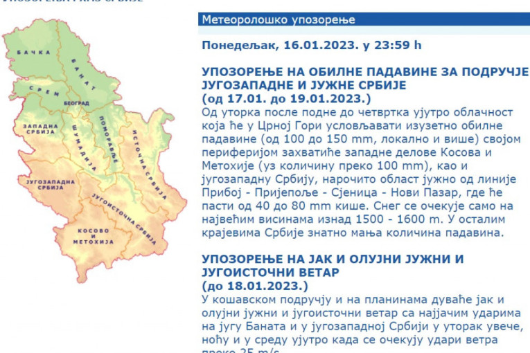 RHMZ upozorava - stižu obilne padavine! U jednom delu zemlje upaljen crveni meteo-alarm, a pašće i preko 100 mm kiše