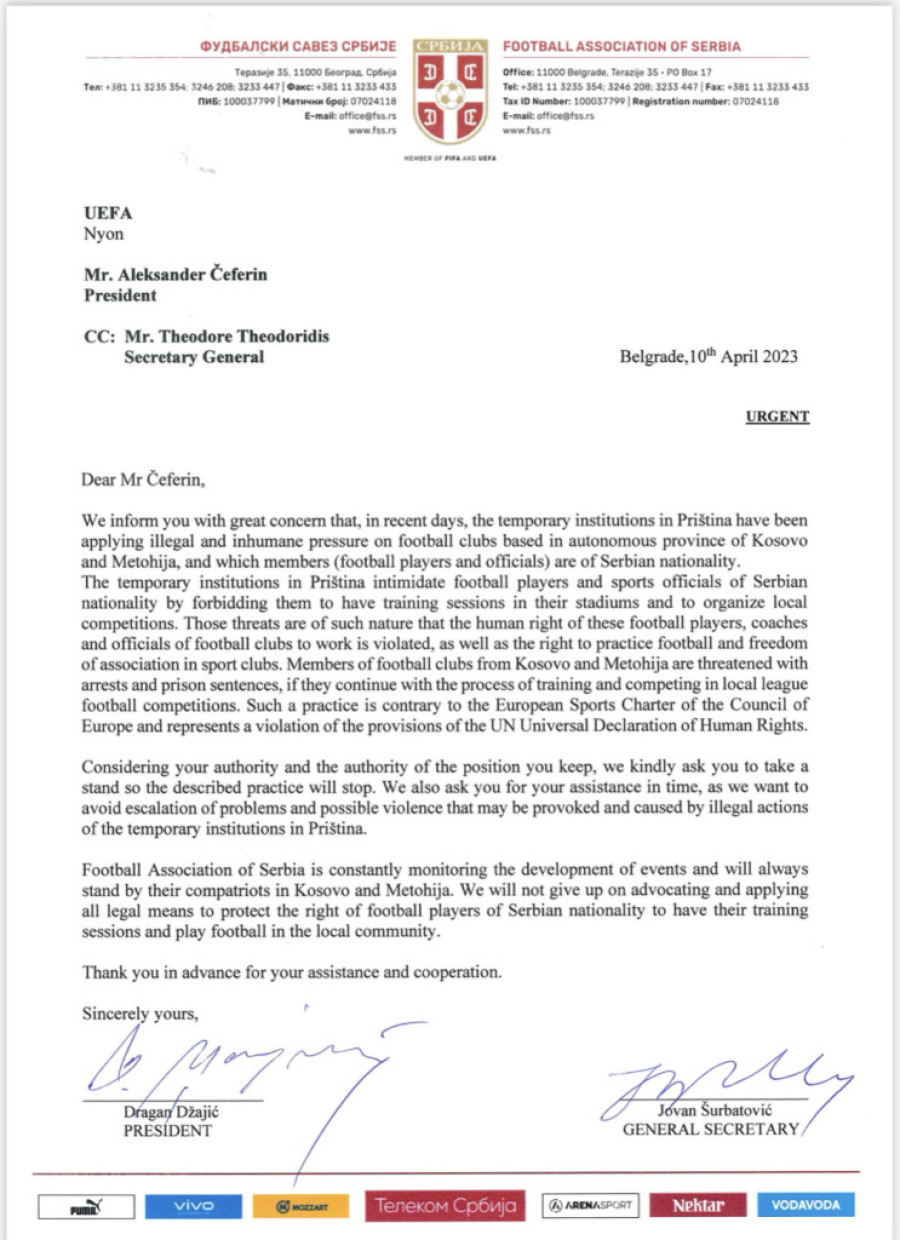 Pod oznakom hitno! FSS pisao Čeferinu! Reagujte, članovima klubova sa KiM preti se zatvorom!