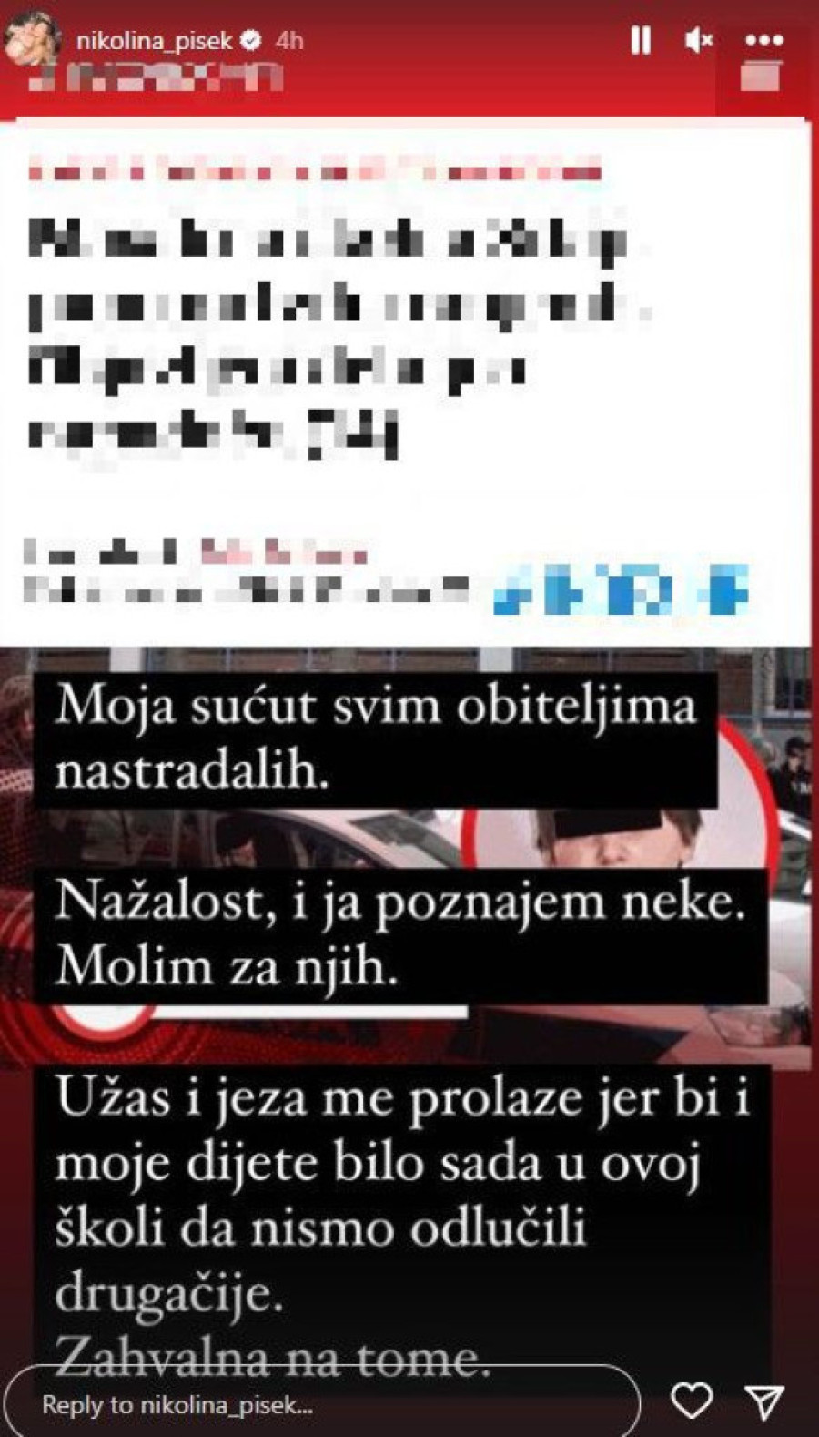 Nikolina Pišek zatečena zbog masakra u OŠ "Vladislav Ribnikar": Moje dete bi bilo sada u ovoj školi da nismo odlučili drugačije