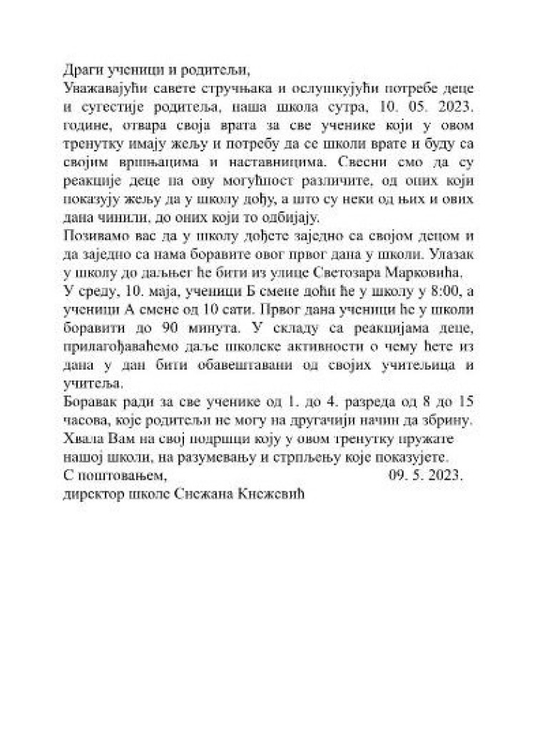 Savet roditelja OŠ „Vladislav Ribnikar“ odlučio: Đaci se sutra vraćaju u školu