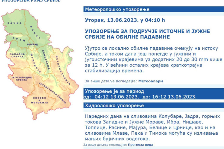 Stižu obilne padavine! Južna i istočna Srbija na udaru