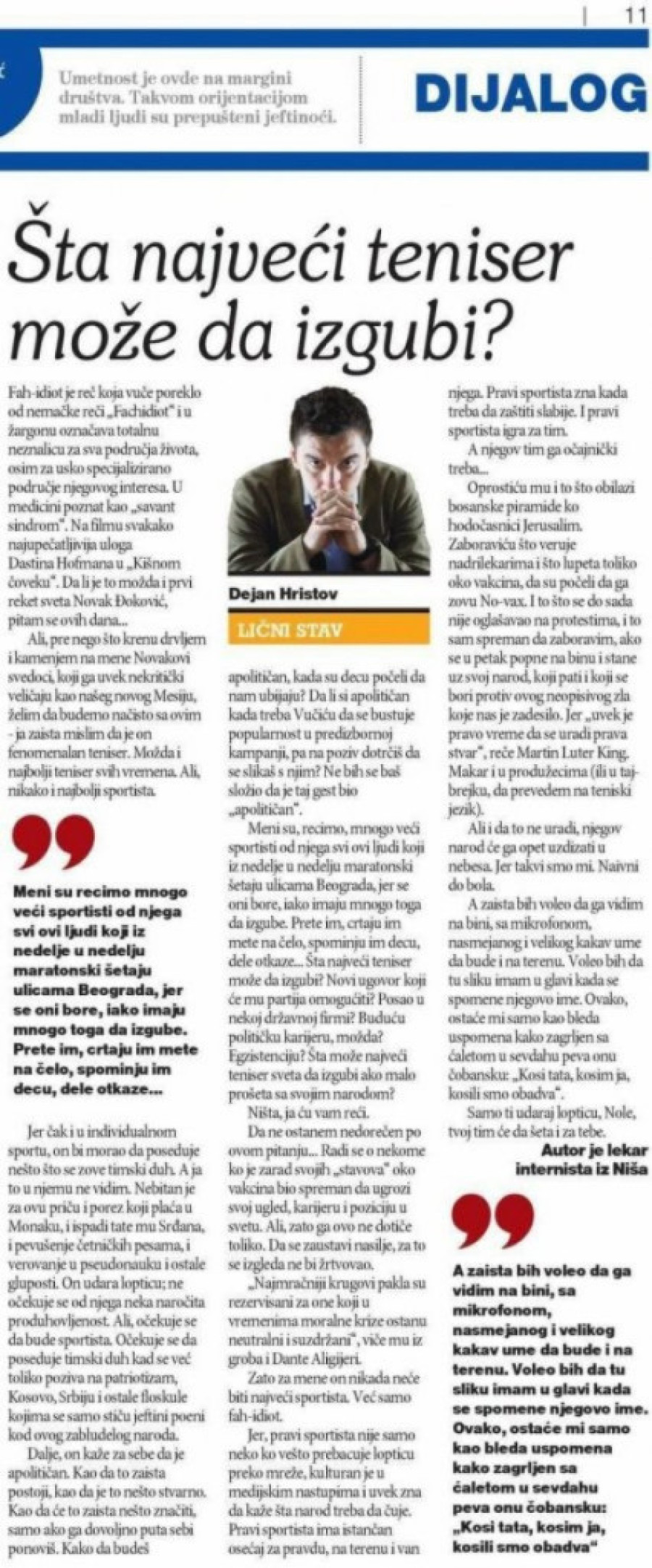 Novak Đoković na meti "Danasa": Zameraju mu što ne učestvuje u protestima opozicije i što voli Srbiju i Kosmet