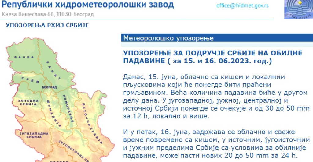 Stiglo novo upozorenje RHMZ-a! Može pasti i do 50 mililitara kiše za 24 sata