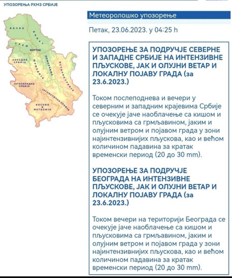 RHMZ upozorava: Određene delove Srbije pogodiće nevreme sa grmljavinom i kišom!