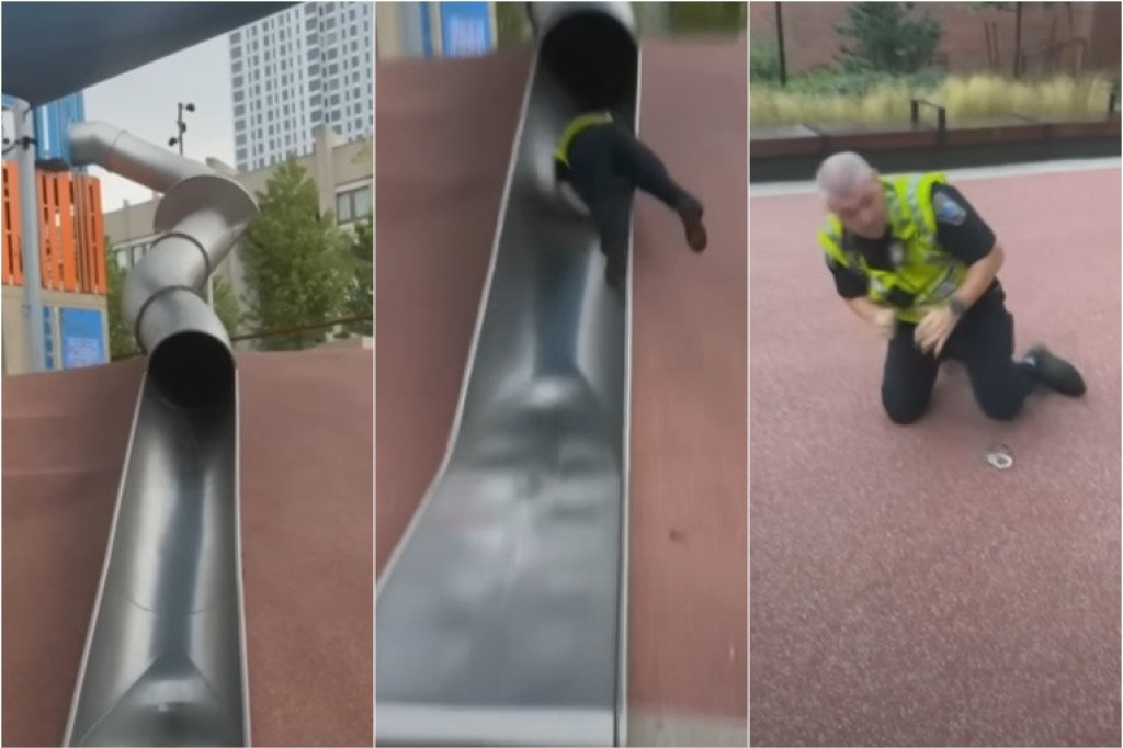 Policajac se stropoštao niz dečji tobogan i sada mu se svi smeju: Izleteo na stomaku i razbio se! (VIDEO)