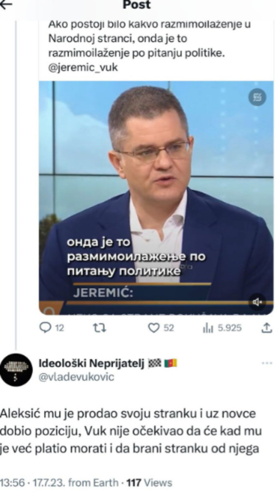 Aleksić prodao stranku Jeremiću, pa bi sad da otima ono što je debelo naplatio - Tviteraši osuli paljbu po Narodnoj stranci