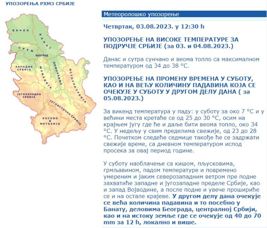 Novo upozorenje RHMZ - Drastičan pad temperature za vikend, velika količina padavina u ovim delovima zemlje!