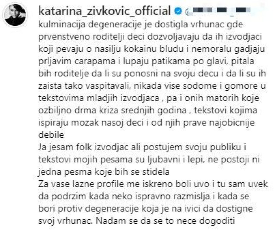 Katarina Živković podržala zabranu nastupa Desingerici i Pljugici: Ispiraju mozak našoj deci i prave debile od njih