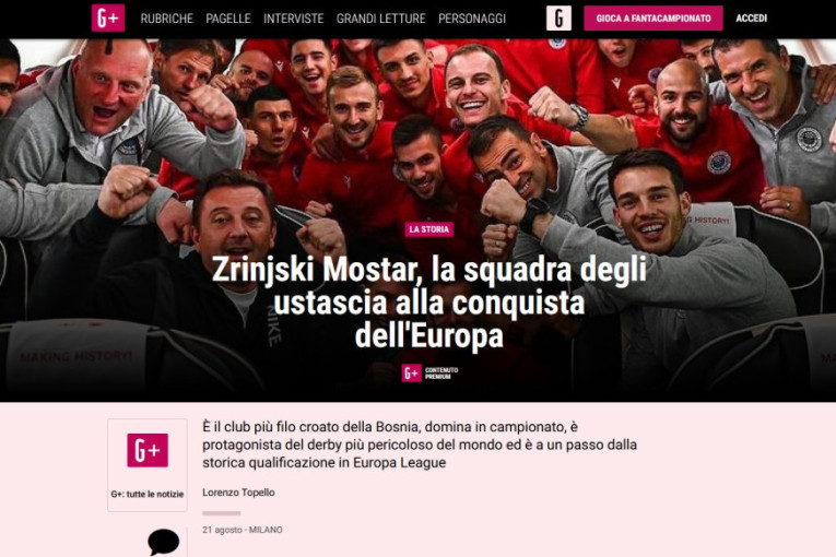 Ugledni italijanski dnevnik bez okolišanja: Zrinjski iz Mostara  je ustaški klub!