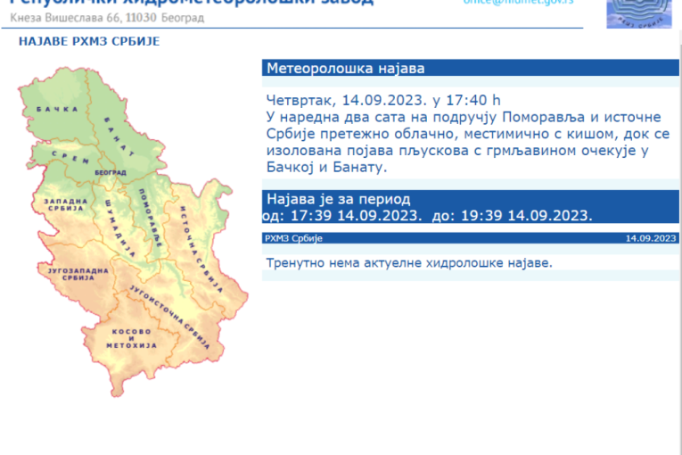 Neka se spreme ovi delovi Srbije! RHMZ najavio da će naredna dva sata kiša pljuštati