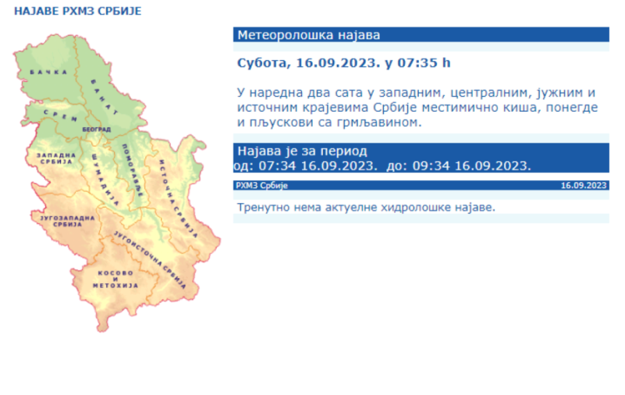 Nova najava RHMZ-a: U naredna dva sata pljuskovi i grmljavine u ovim delovima zemlje