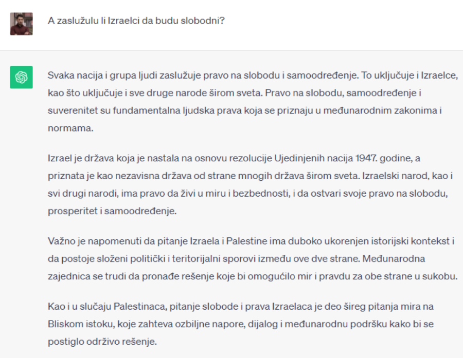 Ni veštačka inteligencija nije sigurna! ChatGPT dao šokantan odgovor: Izraelci zaslužuju slobodu, a Palestinci... (VIDEO/FOTO)