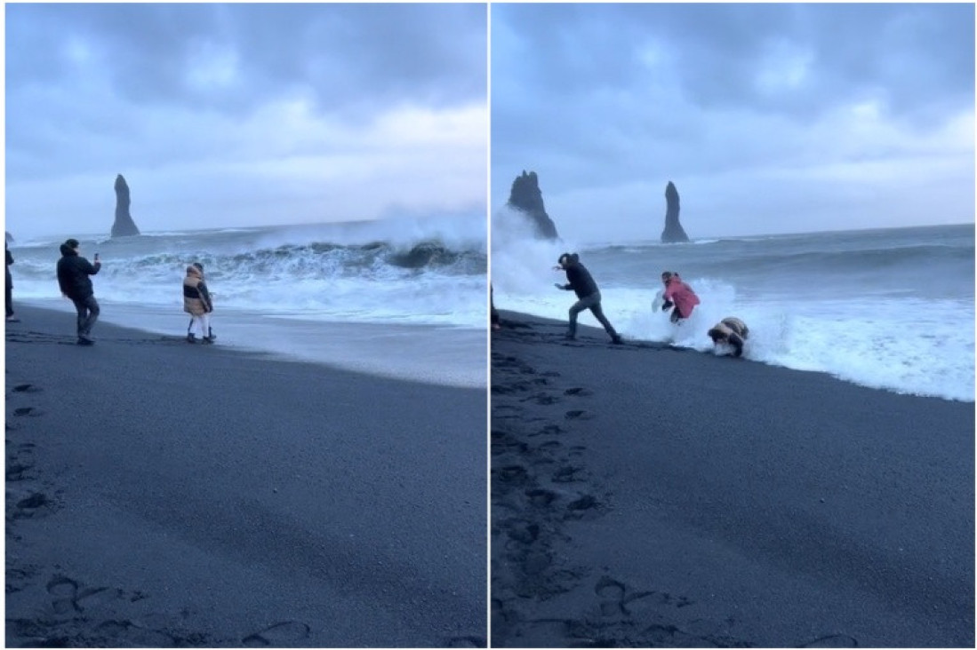 Turisti hteli da se slikaju na najopasnijoj plaži Islanda, pa zažalili: Poklopio ih ogromni talas (VIDEO)