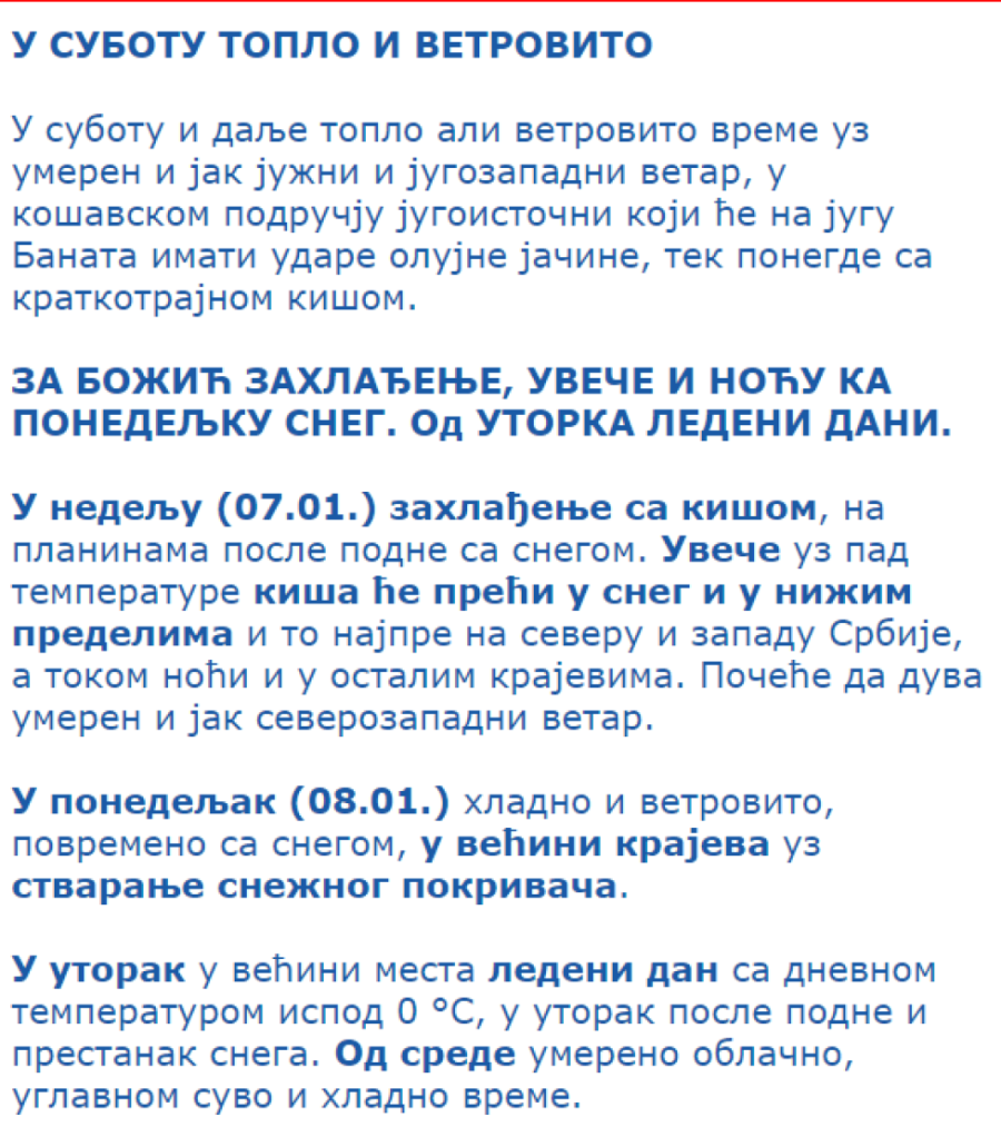 Za Božić kiša, od ponedeljka ledeni dani i sneg! RHMZ upozorio na jaku košavu tokom noći
