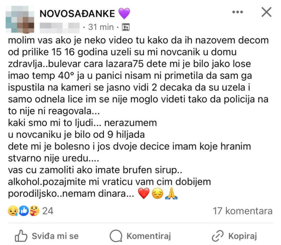 Bruka u Novom Sadu! Tinejdžeri pokrali majku troje dece, dok joj je dete "gorelo" od temperature: "Nisam imala ni za lekove"