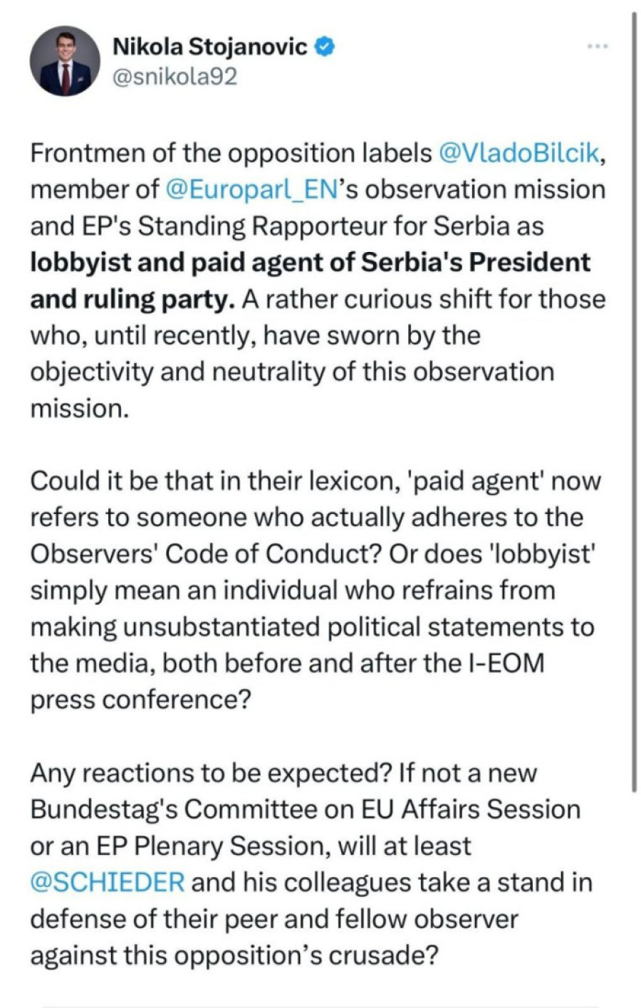 Nikola Stojanović o napadima Aleksića na Bilčika: Sada se "plaćeni agent“ odnosi na osobu koja zaista poštuje Kodeks ponašanja posmatrača