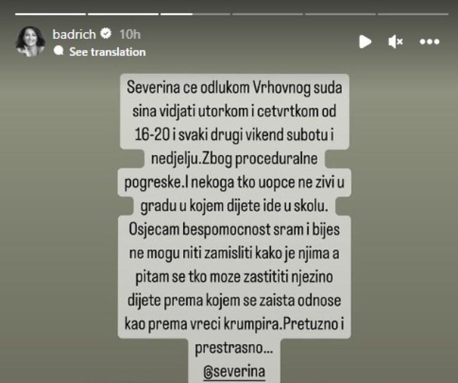 "Nije dete vreća krompira!" Nina Badrić besna posle odluke Vrhovnog suda o Severini i njenom sinu
