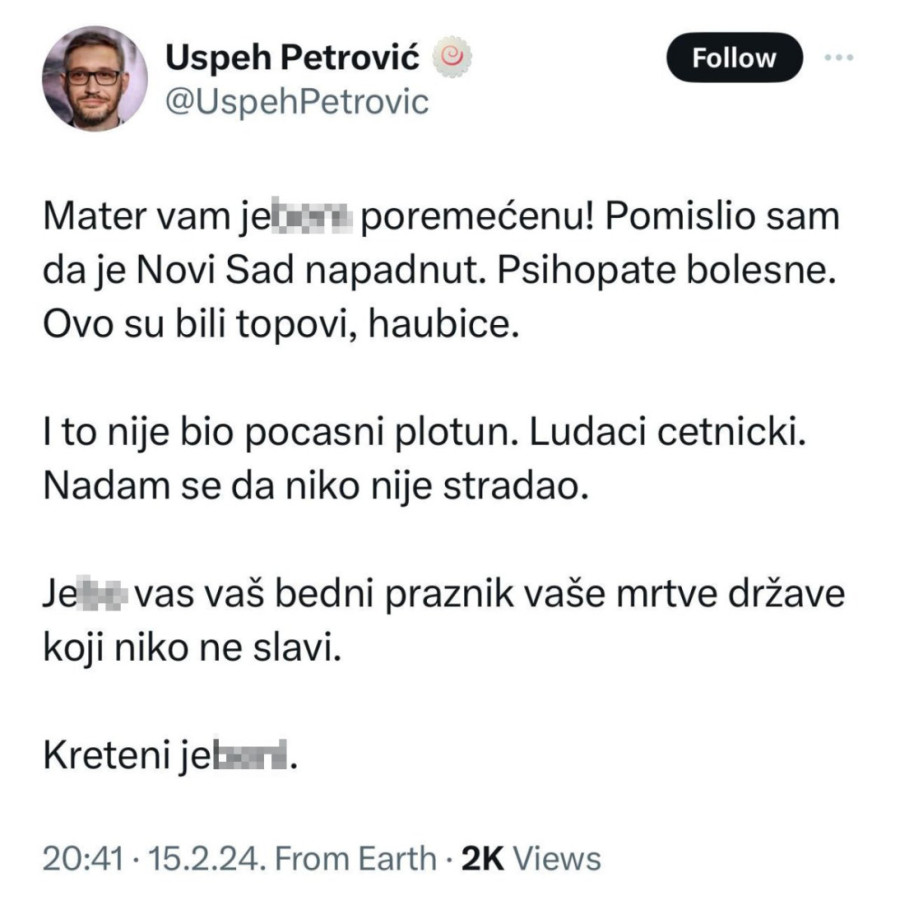 Jezivo: Voditelj Daško Milinović psovao Srbiju na Dan državnosti - "Psihopate bolesne, ludaci četnički..."