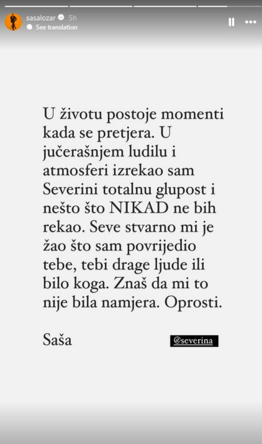 Pevač se izvinio Severini zbog šokantnog komentara u emisiji: "U jučerašnjem ludilu i atmosferi..."
