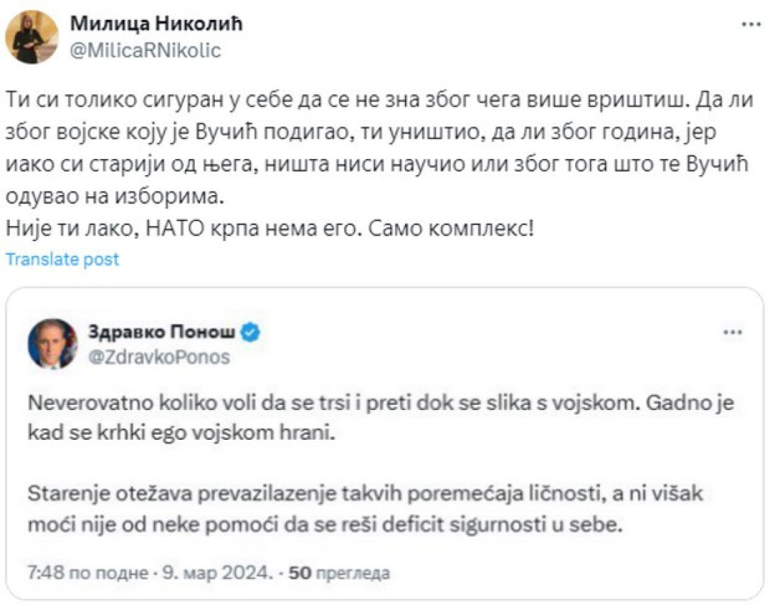 Milica Nikolić poručila Ponošu: Nije ti lako, NATO krpa nema ego, samo kompleks