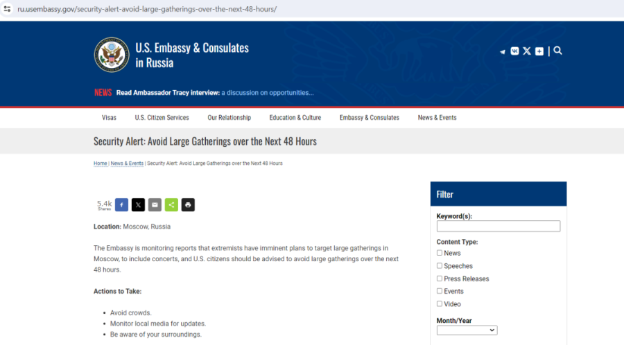 Znali šta se sprema?! Američka ambasada i britanska vlada pre 15 dana upozorile svoje građane na teroristički napad u Moskvi (FOTO)