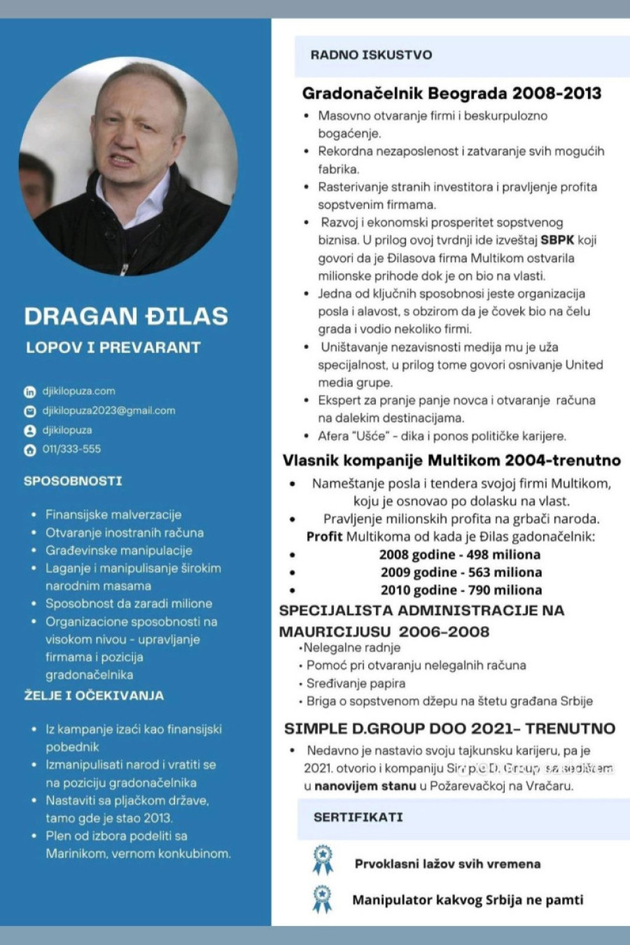 Pojavio se CV Dragana Đilasa: Pogledajte dobro šta kvalifikuje lidera NATO opozicije