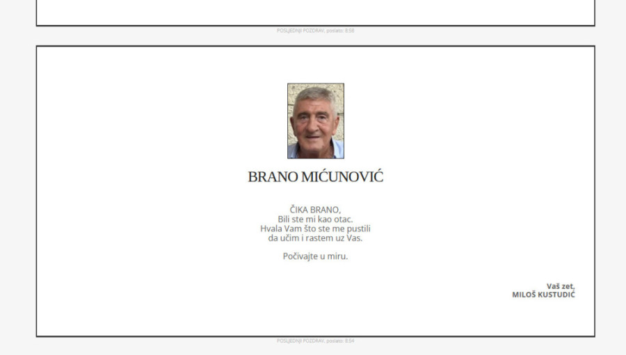 "Zbogom, dragi prijatelju": Od Brana Mićunovića čituljama se oprostili porodica, Milo Đukanović, Naser Keljmendi i Lutrija Crne Gore (FOTO)