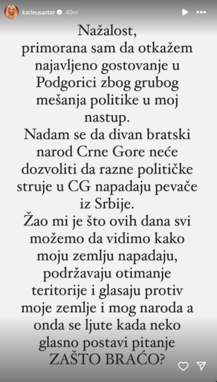 "Otkazala sam nastup jer ne poštuju moju zemlju" Karleuša o incidentu sa Crnogorcima, poslala im i poljubac!