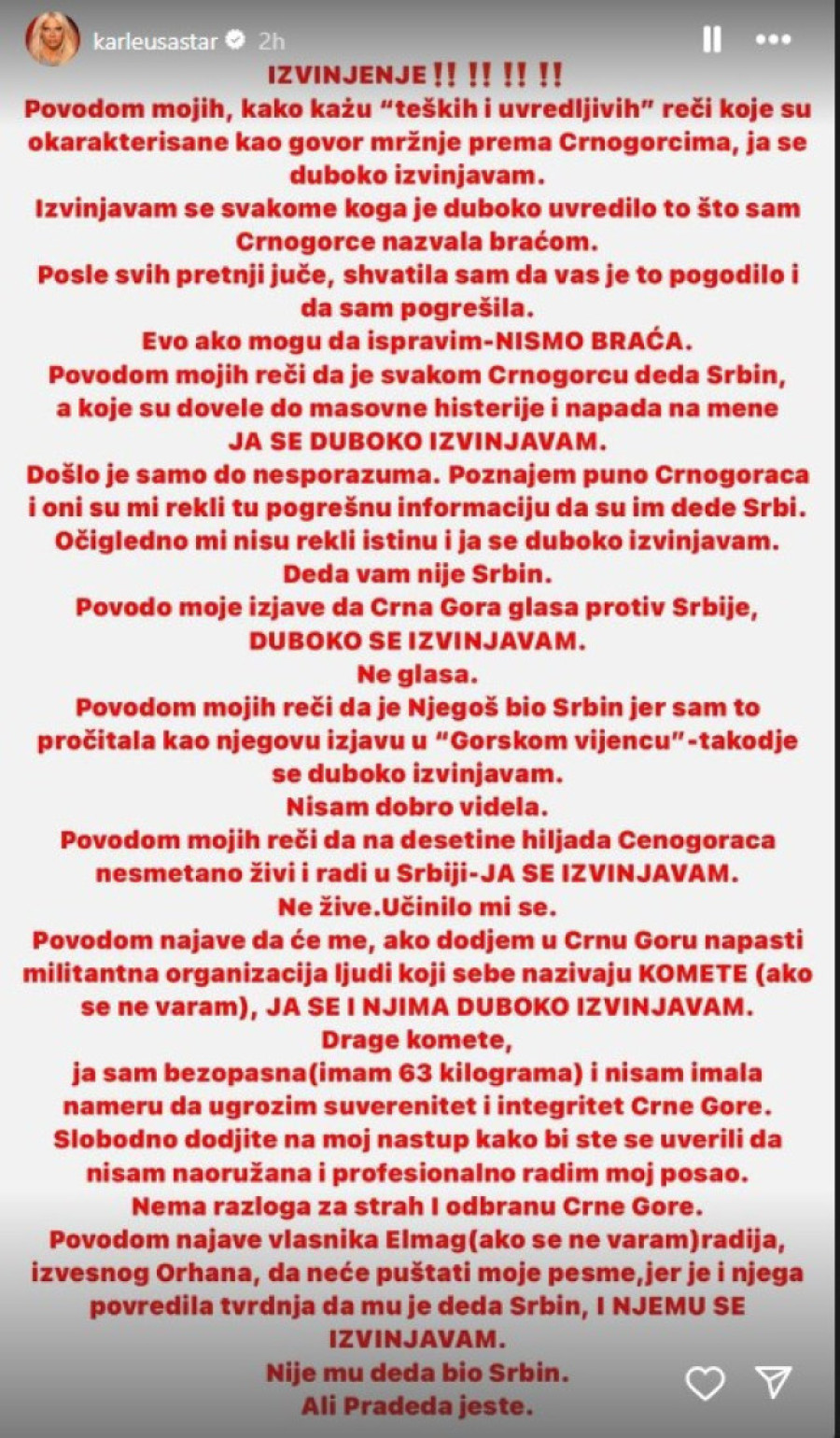 Jelena Karleuša se obratila Crnogorcima na svoj način: "Nisam dobro videla, učinilo mi se, izvinjavam se!