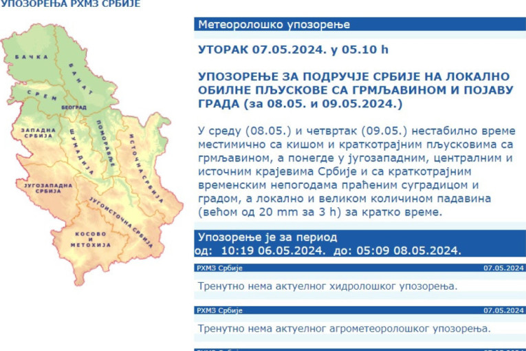Stižu olujno nevreme, kiša i grmljavina! RHMZ objavio novo upozorenje
