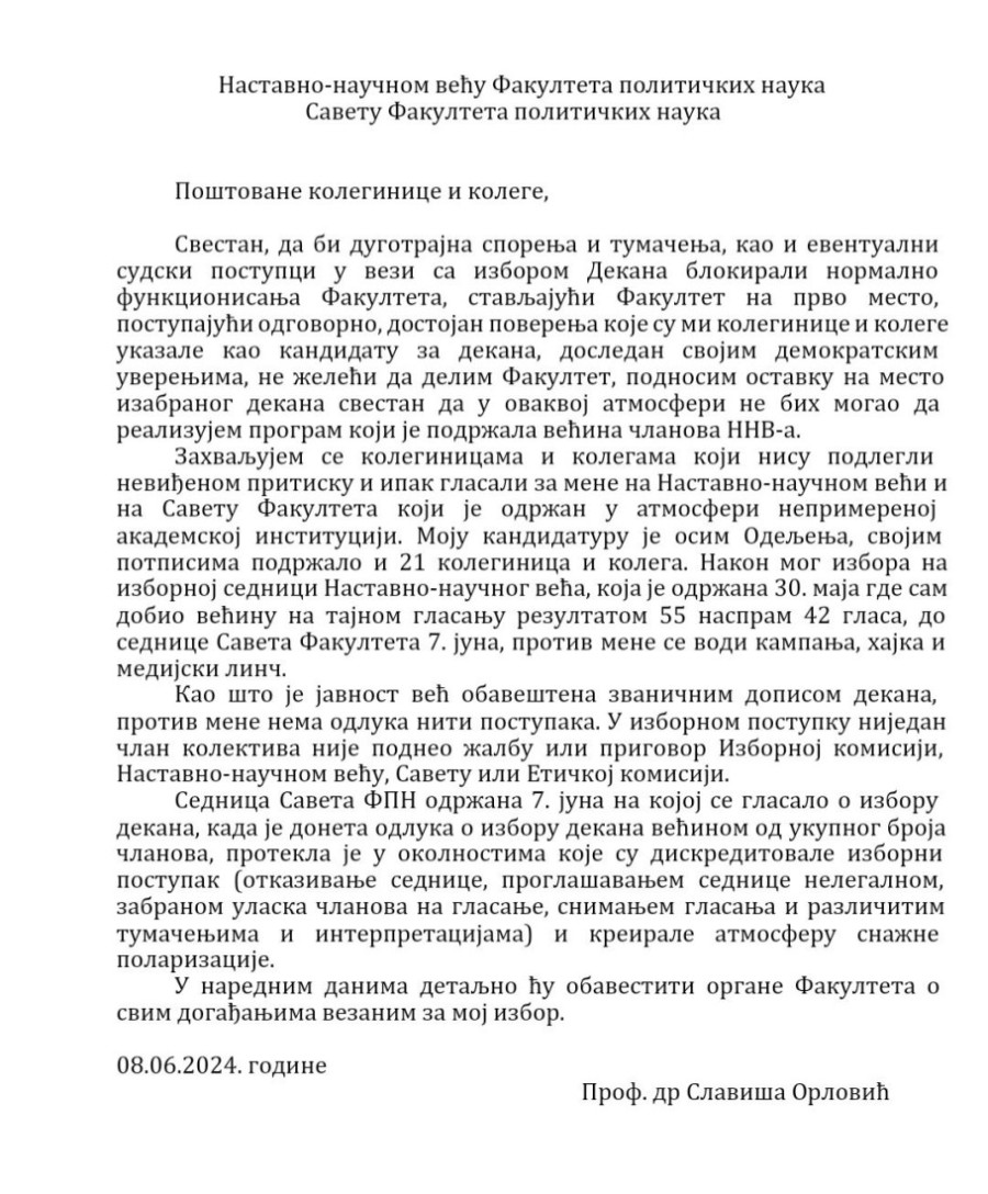 Slaviša Orlović podneo ostavku na mesto dekana FPN, dan posle izbora na tu funkciju