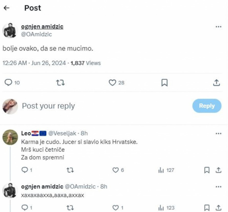 "Marš kući, četniče!" Ognjena Amidžića napali Hrvati! Usledio njegov odgovor