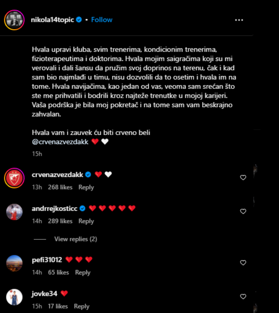 Topićev emotivni oproštaj od Zvezde izazvao brojne reakcije: Ništa manje emotivni nisu bili ni odgovori (FOTO)