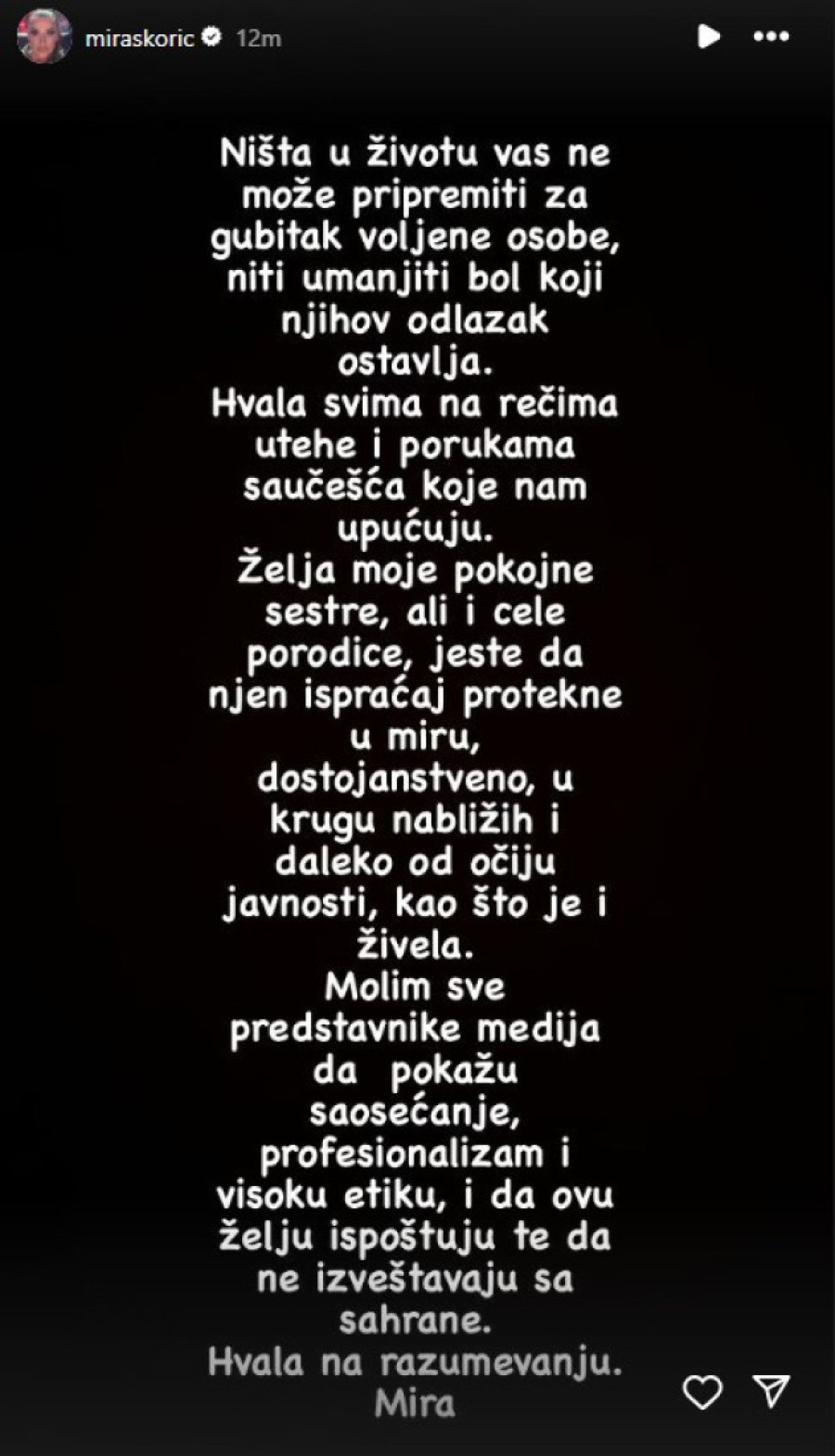 Mira Škorić se oglasila posle smrti sestre: Ništa vas ne može pripremiti za gubitak voljene osobe